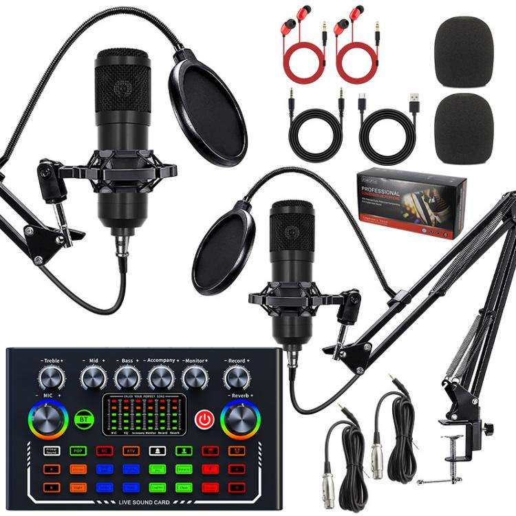 Dual BM800 Condenser Microphone With F009 Live Sound Card Kit Podcast Equipment Bundle Adjustable...