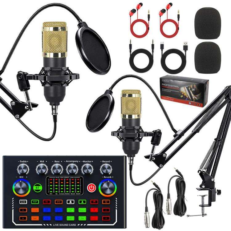 Dual BM800 Condenser Microphone With F009 Live Sound Card Kit Podcast Equipment Bundle Adjustable...