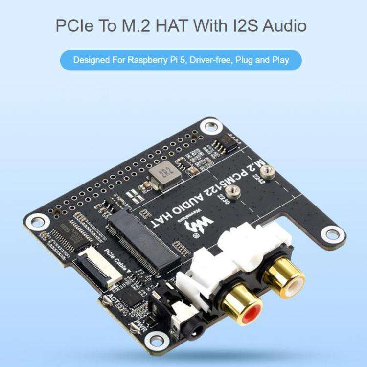 For Raspberry Pi 5 PCIe To M.2 HAT With I2S Audio Extension Supports NVMe Protocol Solid State Dr...