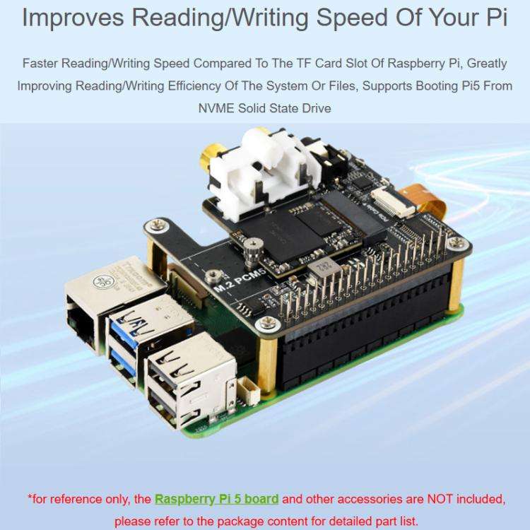 For Raspberry Pi 5 PCIe To M.2 HAT With I2S Audio Extension Supports NVMe Protocol Solid State Dr...