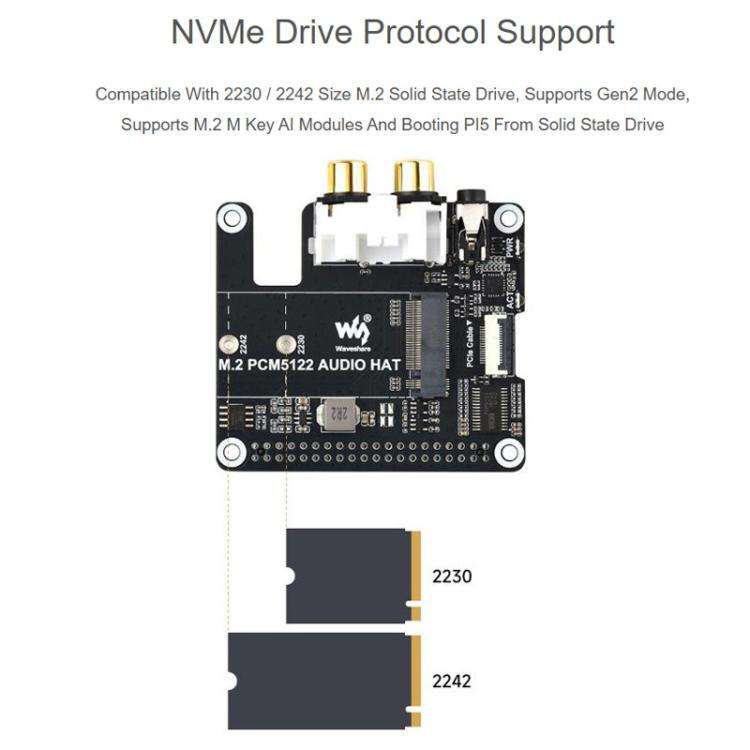 For Raspberry Pi 5 PCIe To M.2 HAT With I2S Audio Extension Supports NVMe Protocol Solid State Dr...