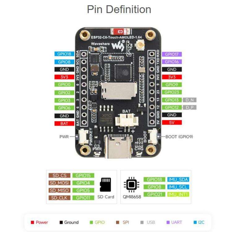 Waveshare ESP32-C6 1.64 Inch AMOLED Touch Display Development Board, 280 X 456 Resolution, Suppor...