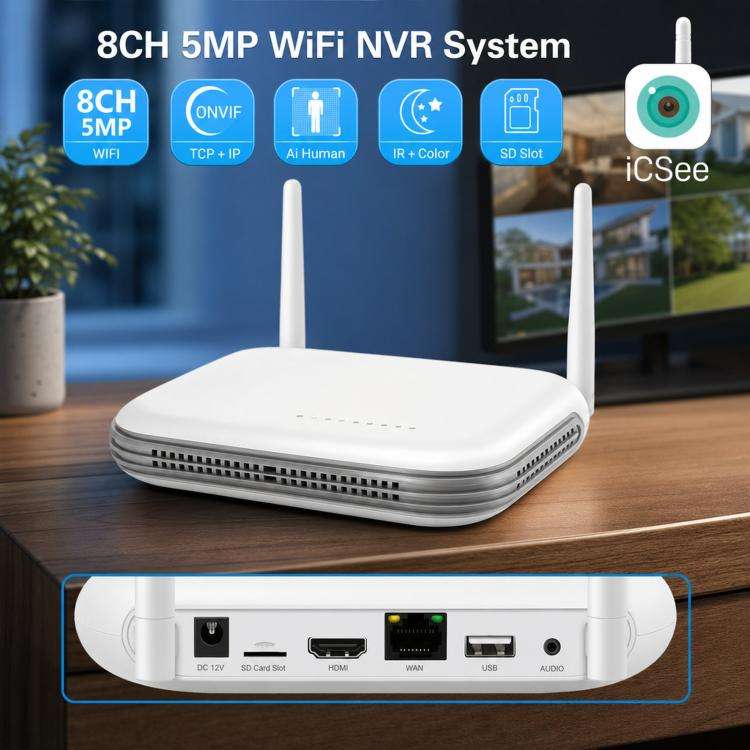 8CH Wireless NVR System For Security Cameras 5MP/3MP WiFi Network Video Recorder Support 2.5-Inch...