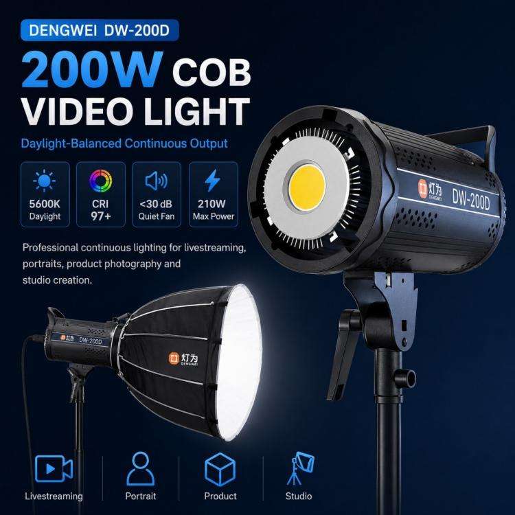 DENGWEI DW200D 200W COB LED Video Light Daylight Balanced Continuous Output Studio Lamp, EU Plug,...