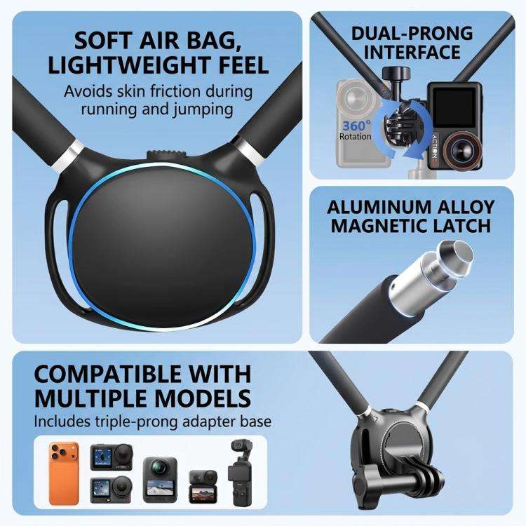 Neck Mount For Action Camera With 360-Degree Rotating Quick Release Base Air Cushion POV Necklace...