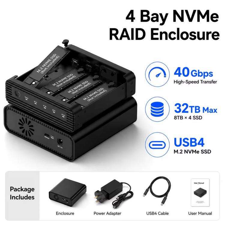 Blueendless USB4 NVMe M.2 SSD Enclosure, 40Gbps 4-Bay External Solid State Drive Case, Support So...
