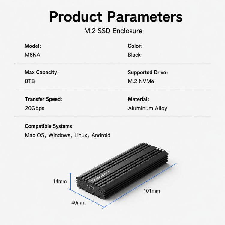 Blueendless M6NA 20Gbps M.2 NVMe SSD Enclosure, USB 3.2 Gen 2x2 Type-C External Hard Drive Case, ...
