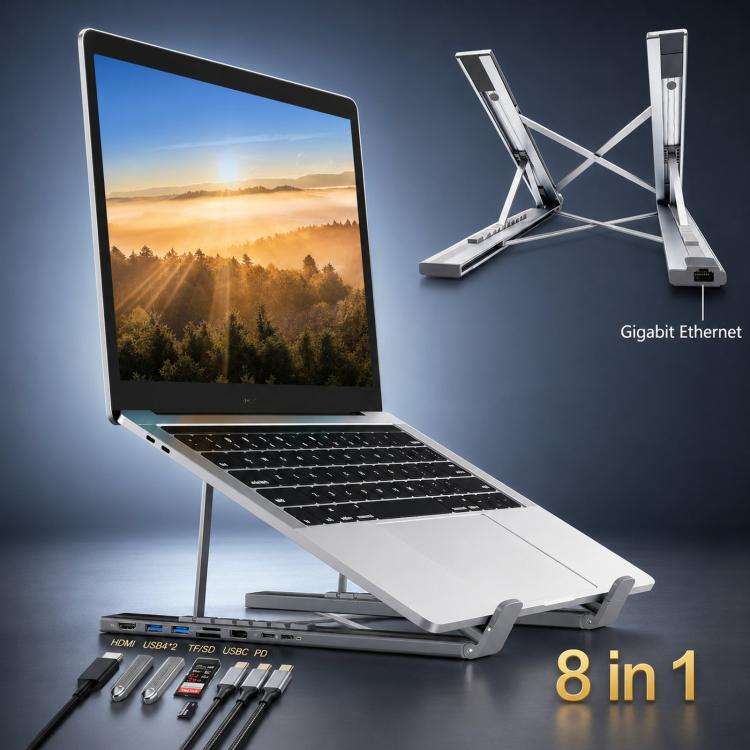 8-In-1 Laptop Stand With USB-C Hub Laptop Riser With Gigabit Ethernet, 4K HDMI, 2 USB 3.0, SD/TF,...