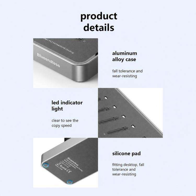 Blueendless DB2804SNA 4-Bay M.2 NVMe/SATA SSD Docking Station USB-C 10Gbps Aluminum SSD Case Supp...