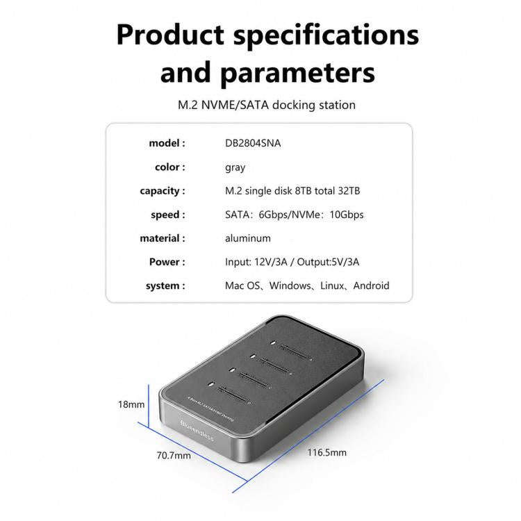 Blueendless DB2804SNA 4-Bay M.2 NVMe/SATA SSD Docking Station USB-C 10Gbps Aluminum SSD Case Supp...