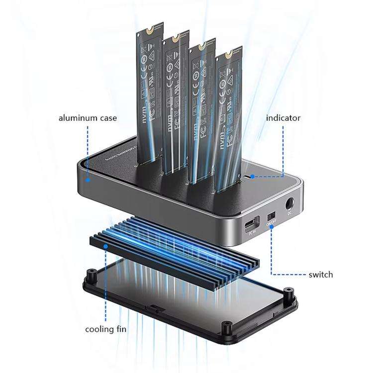 Blueendless DB2804SNA 4-Bay M.2 NVMe/SATA SSD Docking Station USB-C 10Gbps Aluminum SSD Case Supp...