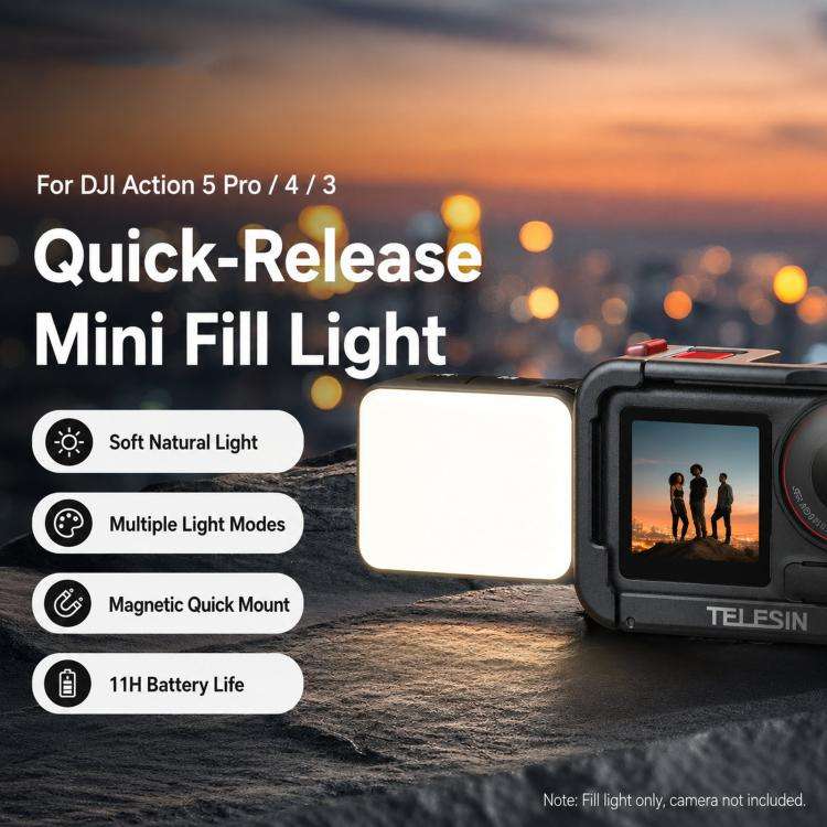 For DJI Action 5 Pro/4/3 TELESIN Quick-Release Mini Vlog Fill Light, IPX5 Waterproof Magnetic LED...