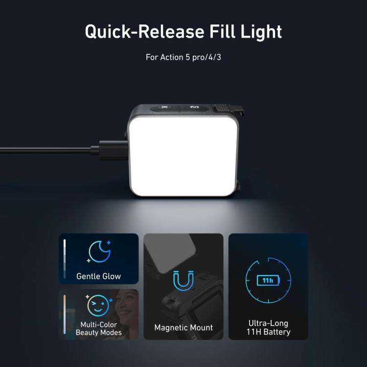 For DJI Action 5 Pro/4/3 TELESIN Quick-Release Mini Vlog Fill Light, IPX5 Waterproof Magnetic LED...