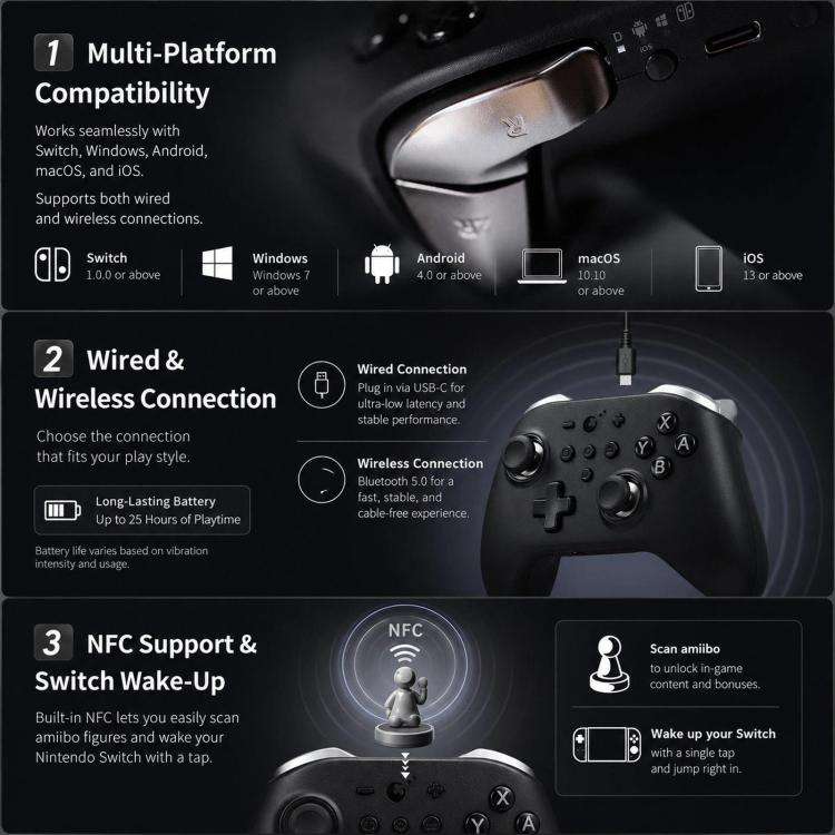 GuliKit KK2T Controller With TMR Electromagnetic Joystick Support NFC Amiibo and Switch Wakeup