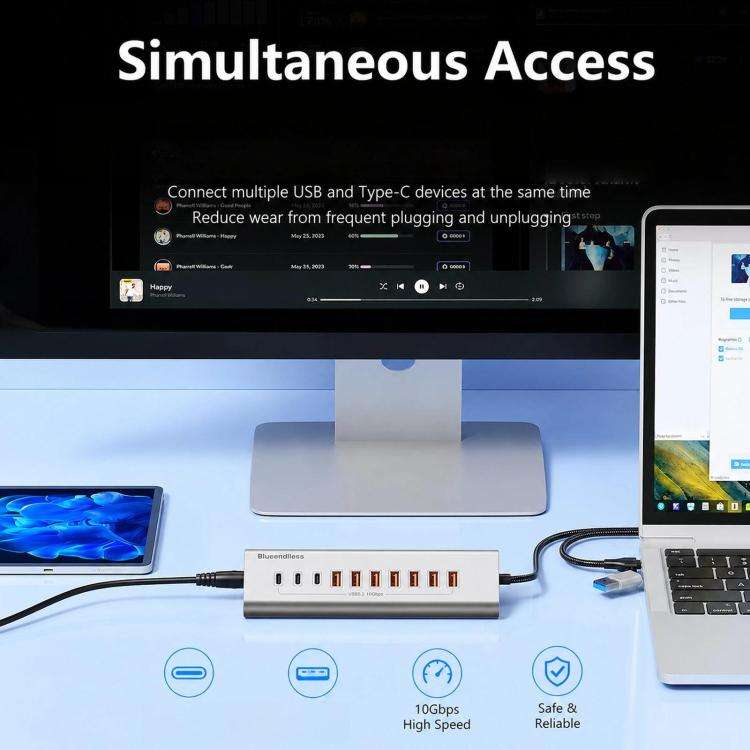 Blueendless TYPE-C Splitter 10Gbps Braided Cable Extension Hub, 15W USB3.2 x 4, 15W USB3.2 x 3+SD...