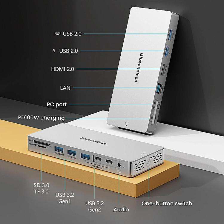 Blueendless Desktop Type-C Docking Station With 4K 60Hz Gigabit Ethernet USB 3.2 Ports, 14 in 1 Gray
