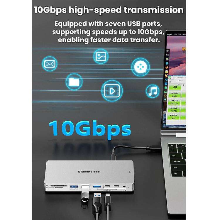 Blueendless Desktop Type-C Docking Station With 4K 60Hz Gigabit Ethernet USB 3.2 Ports, 14 in 1 Gray