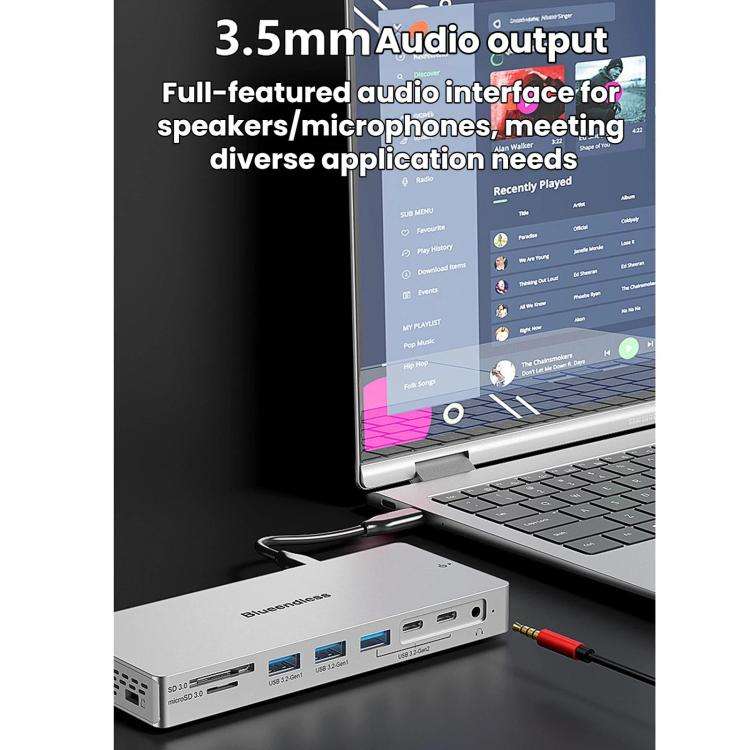 Blueendless Desktop Type-C Docking Station With 4K 60Hz Gigabit Ethernet USB 3.2 Ports, 14 in 1 Gray