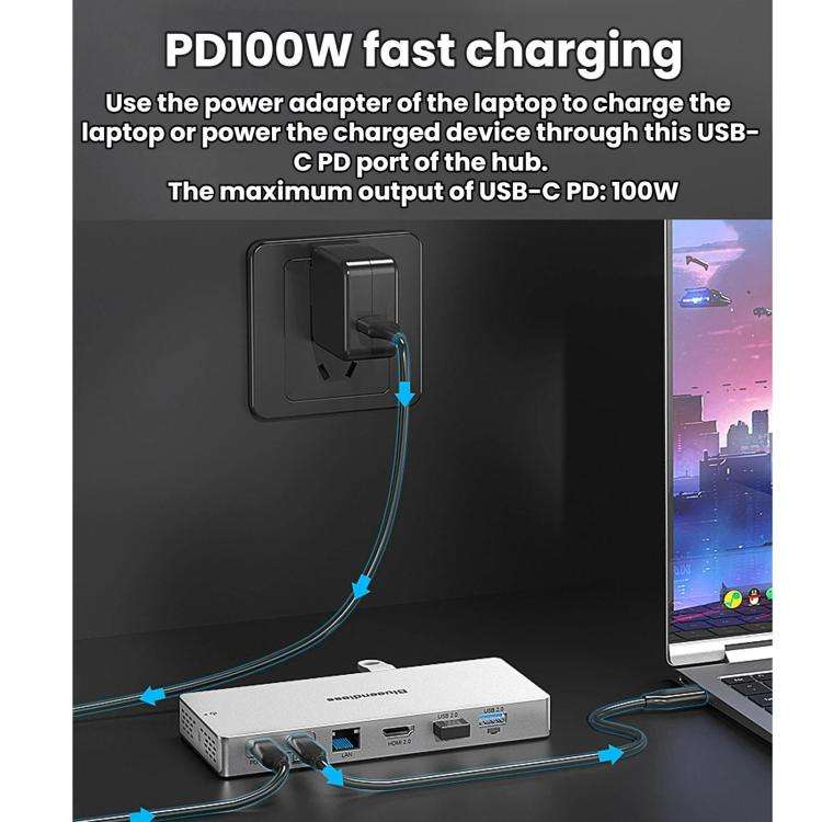 Blueendless Desktop Type-C Docking Station With 4K 60Hz Gigabit Ethernet USB 3.2 Ports, 14 in 1 Gray