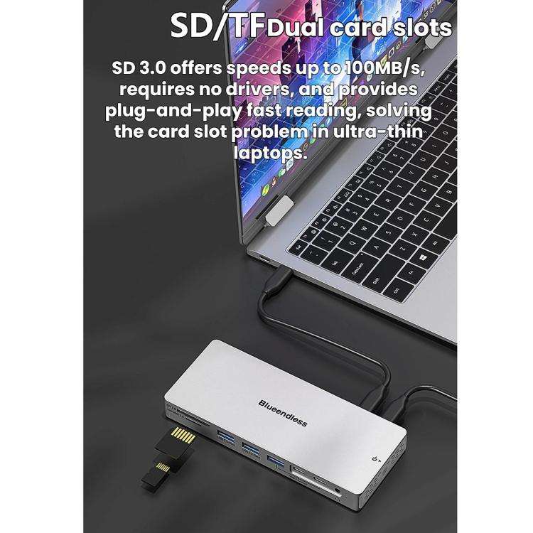 Blueendless Desktop Type-C Docking Station With 4K 60Hz Gigabit Ethernet USB 3.2 Ports, 14 in 1 Gray