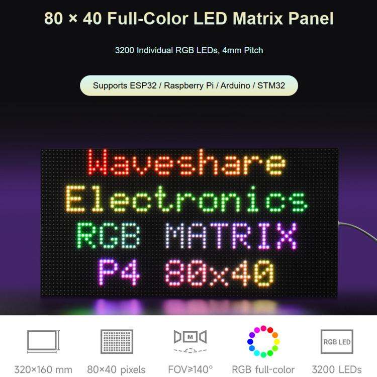 Waveshare 34431 RGB Full-color LED Matrix Panel, 4mm Pitch, 80×40 Pixels, Adjustable Brightness,...