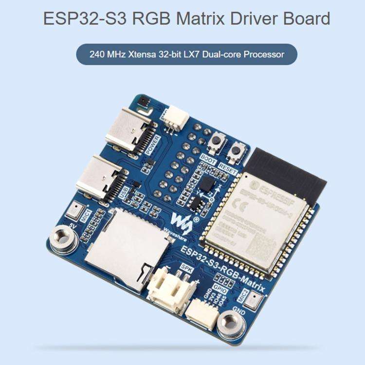 Waveshare ESP32-S3 RGB Matrix Driver Board Onboard Dual Microphones Array, Supports 2.4 GHz Wi-Fi...