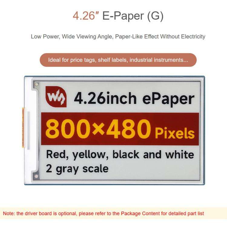 Waveshare 4.26inch E-Paper Display 800 × 480 Resolution Red/Yellow/Black/White, The Raw Display ...