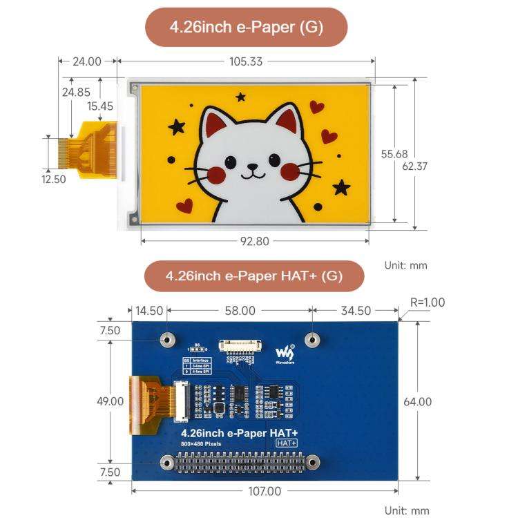 Waveshare 4.26inch E-Paper Display 800 × 480 Resolution Red/Yellow/Black/White, The Raw Display ...