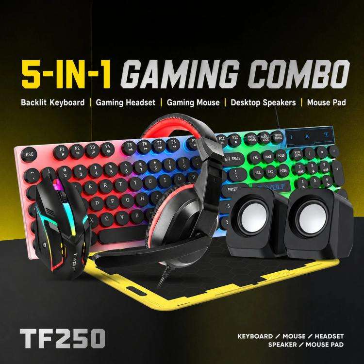 T-WOLF 5-In-1 PC Gaming Bundle Included Backlit Keyboard, Wired Mouse, Headset, Speakers And Mous...