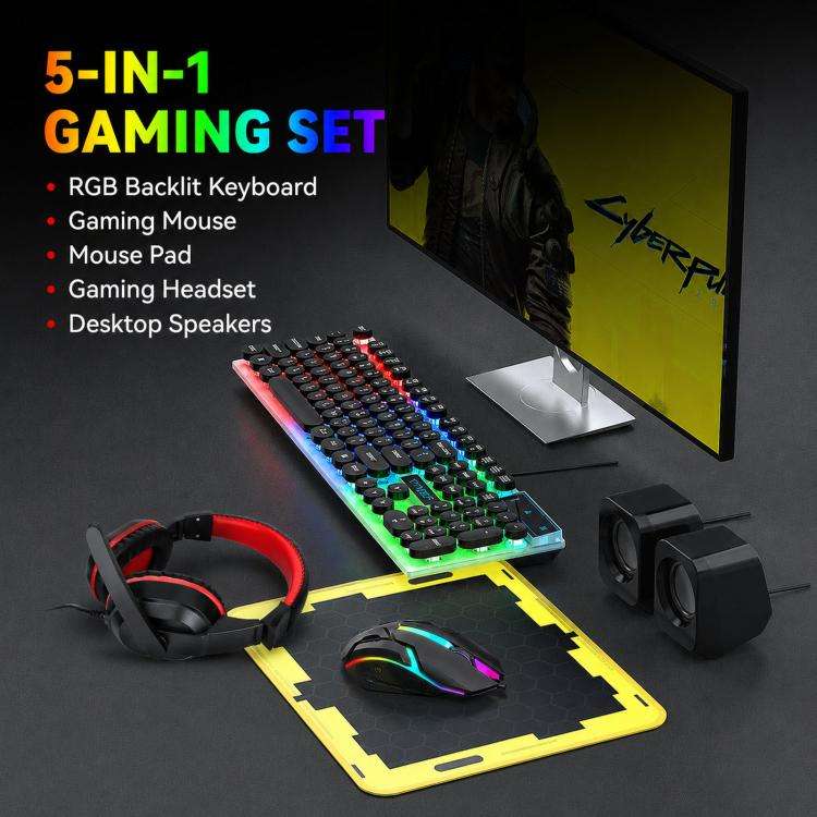 T-WOLF 5-In-1 PC Gaming Bundle Included Backlit Keyboard, Wired Mouse, Headset, Speakers And Mous...