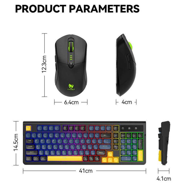 T-WOLF TF300 Rechargeable Wireless Keyboard and Mouse Combo 2.4G/Bluetooth Dual Mode 98-Key Compa...