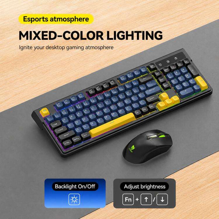 T-WOLF TF300 Rechargeable Wireless Keyboard and Mouse Combo 2.4G/Bluetooth Dual Mode 98-Key Compa...