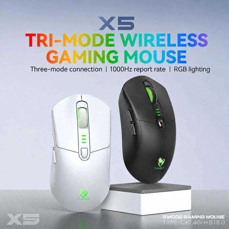 T-WOLF X5 Tri-Mode Wireless Gaming Mouse 12800 DPI Adjustable Rechargeable Gamer Mouse With RGB B...