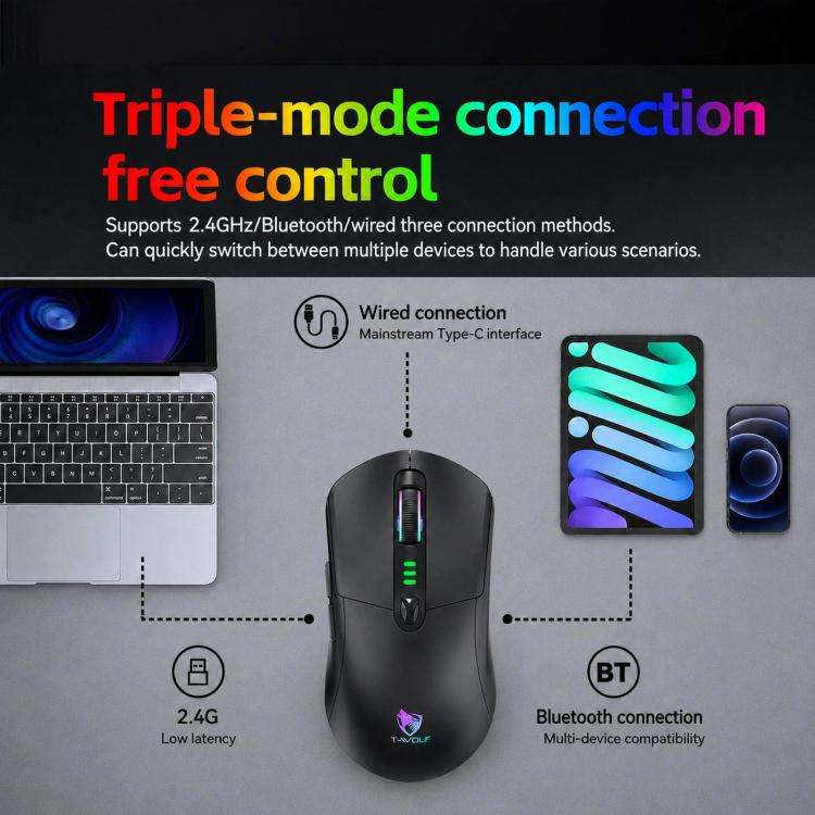T-WOLF X5 Tri-Mode Wireless Gaming Mouse 12800 DPI Adjustable Rechargeable Gamer Mouse With RGB B...