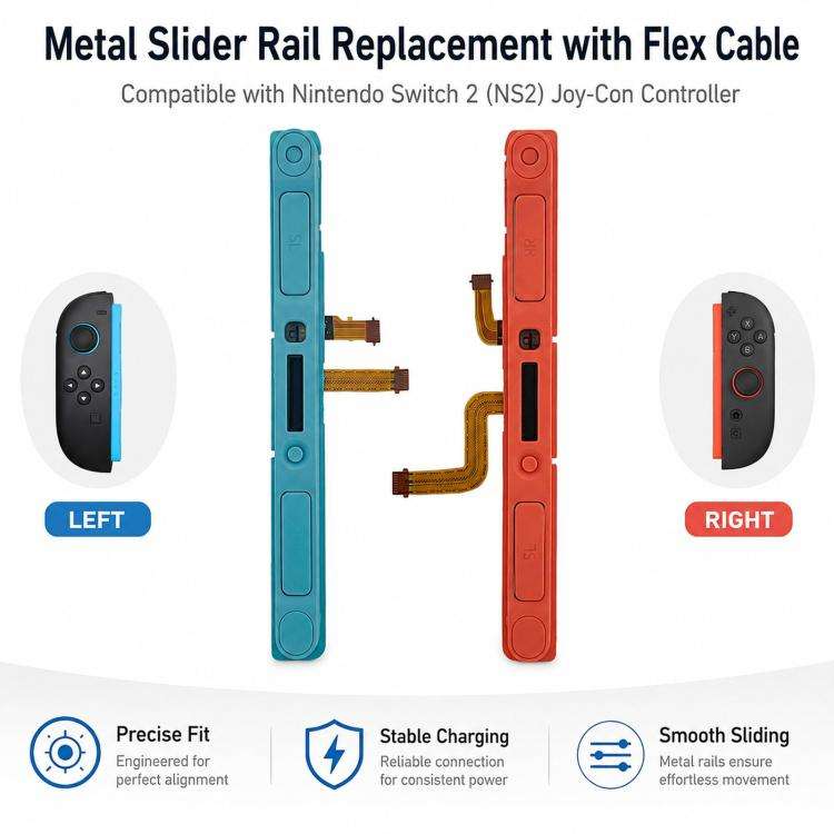 For Nintendo Switch 2 Joy-Con Controller Metal Slider Rail Replacement with Flex Cable, Left Side...