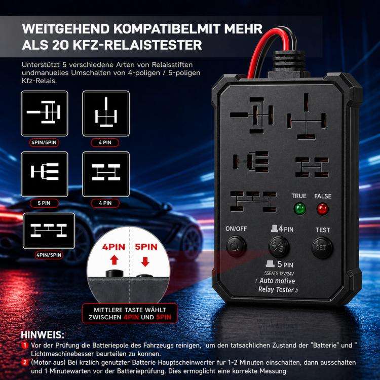 12V 24V Automotive Relay Tester 5-Socket Universal 4-Pin & 5-Pin Auto Relay Diagnostic Tool