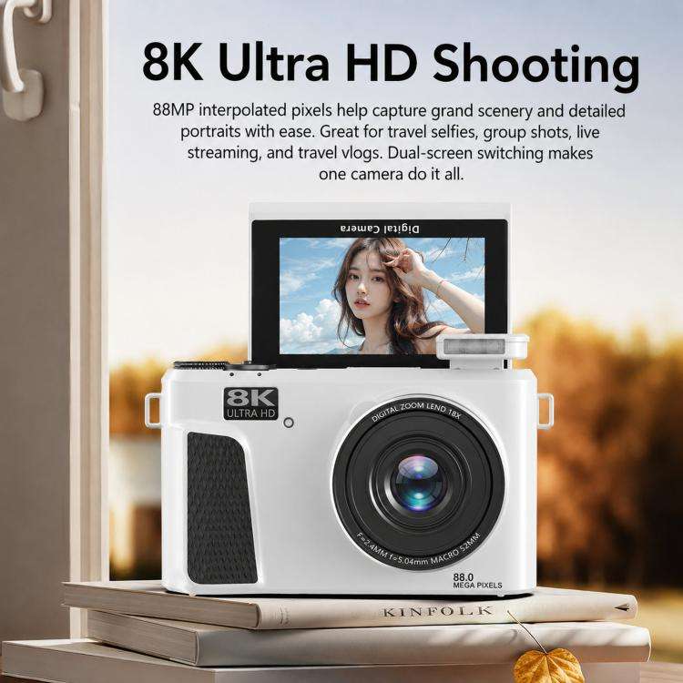 8K Digital Camera With 3.0 Inch IPS Screen 18X Zoom Auto Focus WiFi Micro Camera, White No Memory...