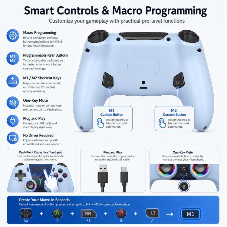 For PS5 Wireless Controller Bluetooth Gamepad With RGB Light, Hall Effect Joy, Back Macro Button