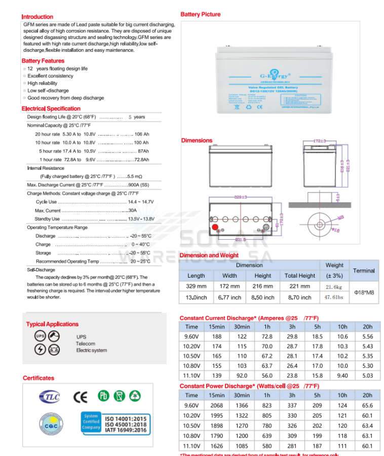 120 AH 12v G-Energy German Tech Deep Cycle Gel Battery
