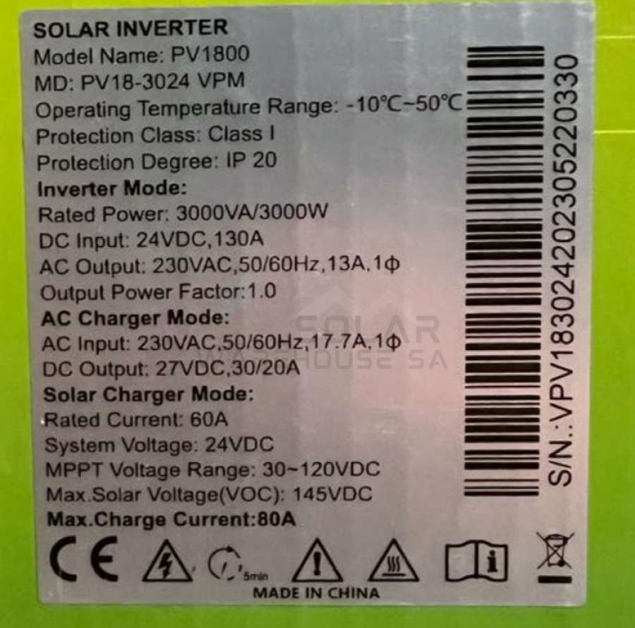 3KW 24V/80A Pure Sine Wave Hybrid MPPT Inverter - MUST PV-18 3024 VPM