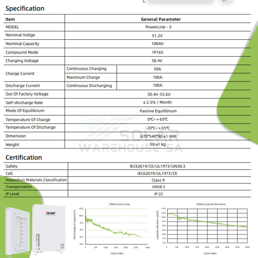 BSL Powerline 5 Lithium Battery - 51.2V 100Ah 5.1KWh LIFePO4 8000 Cycles - 15 YR Warranty