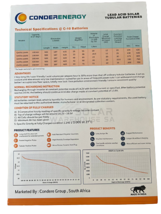 Conderenergy Tubular 12V 100AH Battery 3000 Cycles
