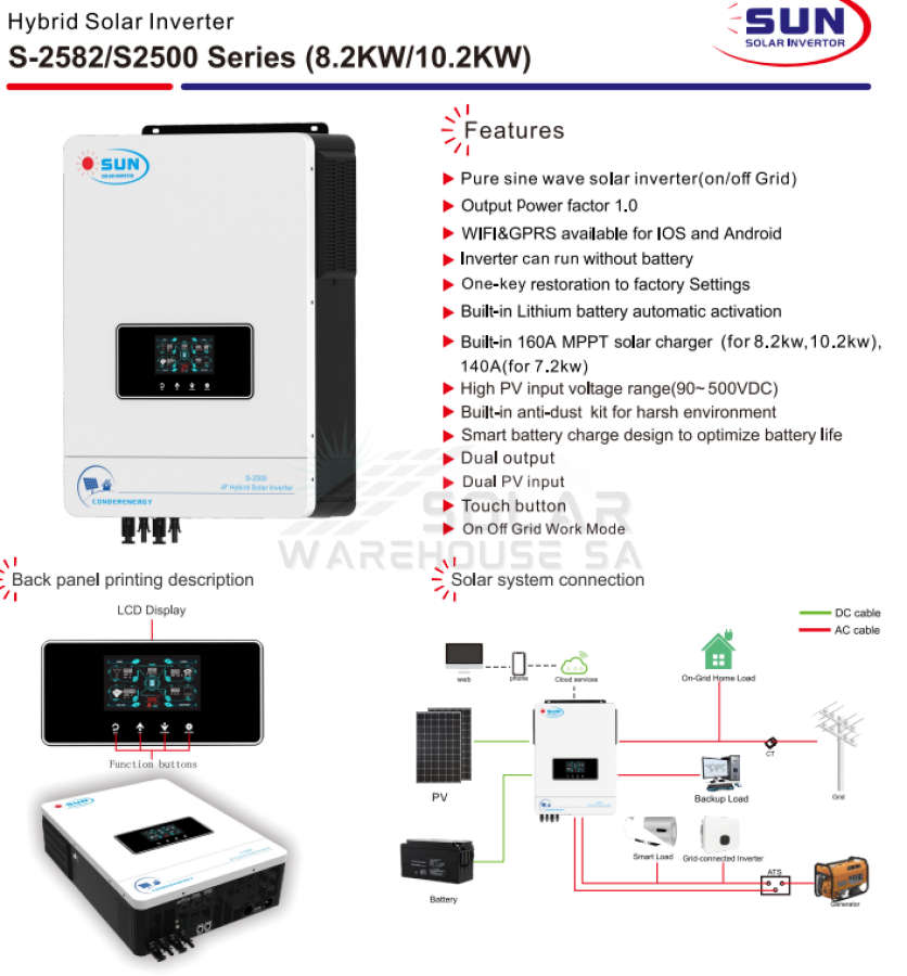 Hybrid Inverter 10.2KVA 10200 Watt MPPT Sun Solar S-2500 48V