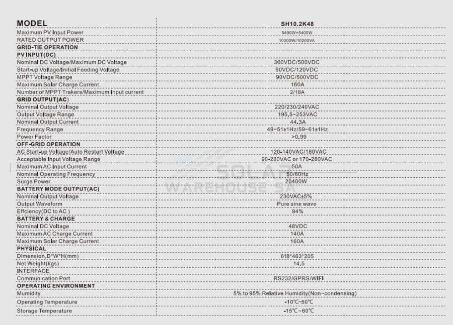 Hybrid Inverter 10.2KVA 10200 Watt MPPT Vito SH10.2K48