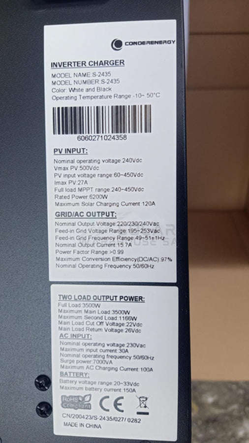 Hybrid Inverter 3.5 KVA 3500 Watt MPPT 24V- Conderenergy (S-2435)