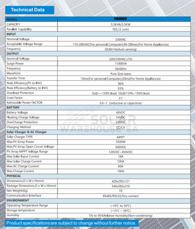 Hybrid Inverter 48V 5.5 KVA 5500W MPPT 100A Inverter Pure Sine Wave - Ecco+Wifi (1st Gen)