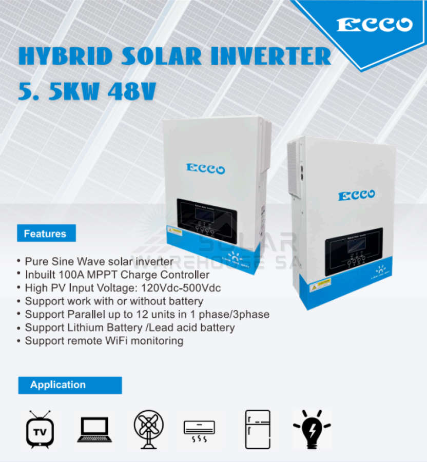 Hybrid Inverter 48V 5.5 KVA 5500W MPPT 100A Inverter Pure Sine Wave - Ecco+Wifi (1st Gen)