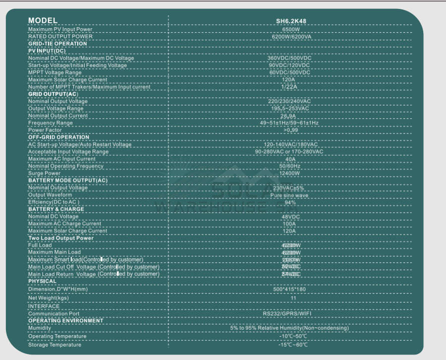 Hybrid Inverter 6.2KVA 6200W Watt MPPT Vito SH6.2K48