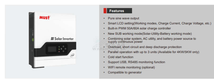 Must 3kw 60Amp 24v PWM Solar Hybrid Inverter PV1800 VPK
