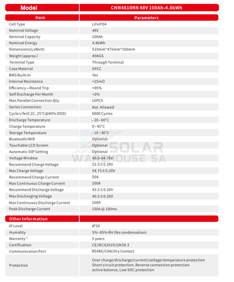 Sun Solar 48v 100ah 4.8kWh A-Grade Lithium Battery CNN4810RN